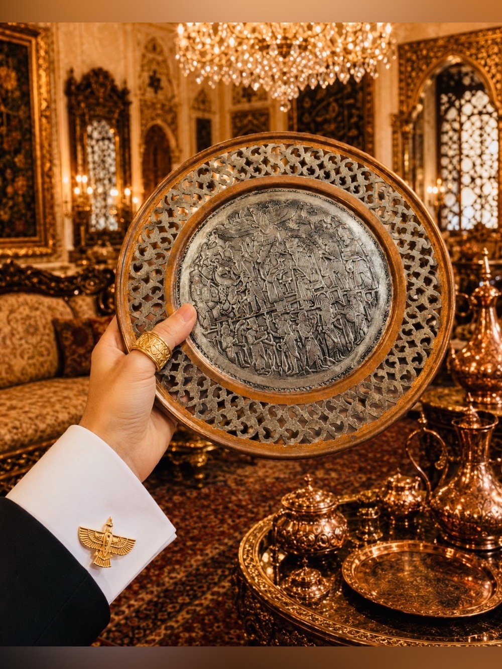 LRG Original Fine Art Vintage Iran Iraq Persian Display Plate RARE Copper Silver - Picture 12 of 13